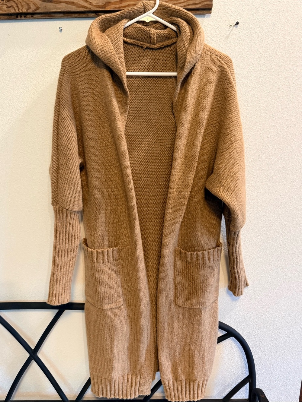 Women’s Khaki Long Hooded Cardigan Sweater Size Small Open Front Oversized